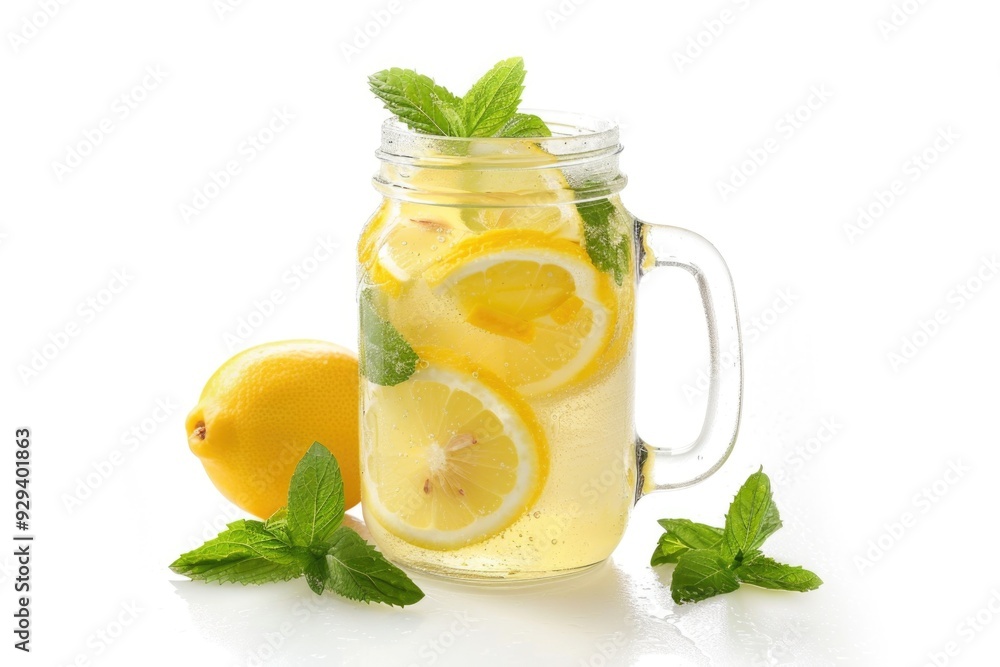 Lemons and mint leaves arranged in a jar with a refreshing drink Lemons and mint leaves arranged in a jar with a refreshing drink