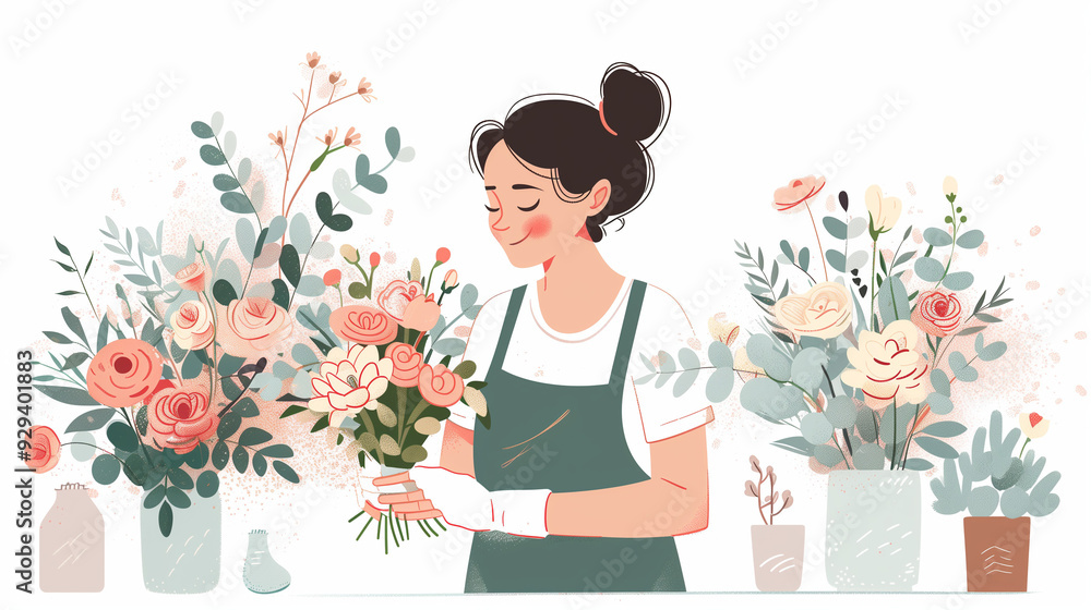 A young woman florist arranges a beautiful bouquet of flowers with a serene smile, surrounded by various vibrant floral arrangements in an indoor setting. A young woman florist arranges a beautiful bouquet of flowers with a serene smile, surrounded by various vibrant floral arrangements in an indoor setting.