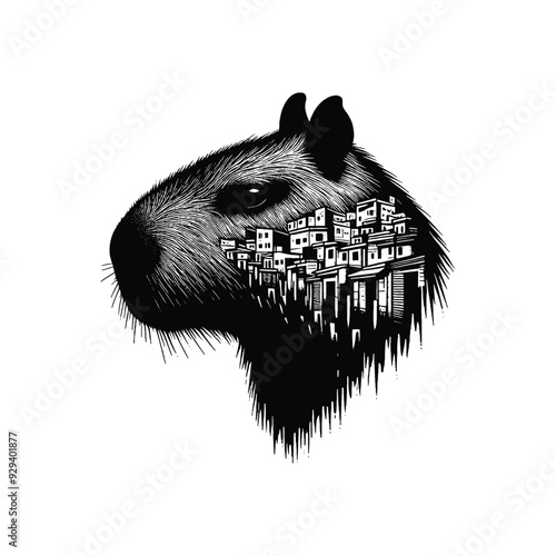 silhouette of Capybara, filled with ghetto street in rough drawing,