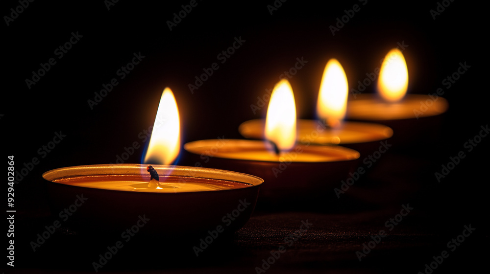 Four lit candles creating a warm and serene atmosphere against a dark background. Four lit candles creating a warm and serene atmosphere against a dark background.