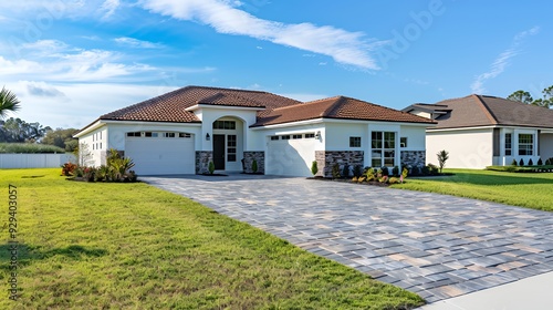 A modern single-story house with a landscaped front yard and paved driveway.