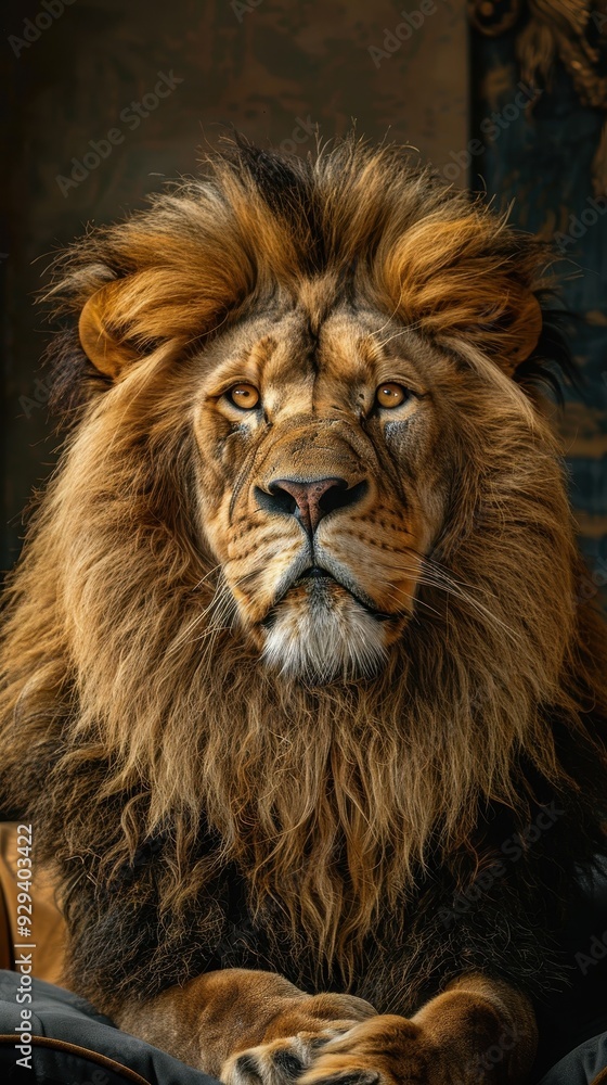 Majestic male lion with a voluminous mane staring intently in a dark, natural setting. Majestic male lion with a voluminous mane staring intently in a dark, natural setting.