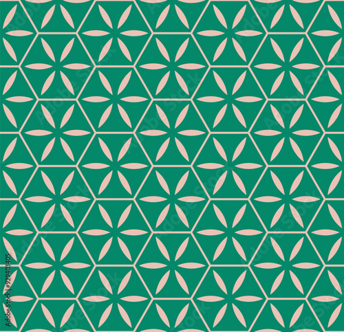 Simple vector green and beige seamless pattern. Abstract floral geometric ornament. Stylish retro background with flower silhouettes, leaves, lines, hexagonal grid, lattice. Cute repeated geo design