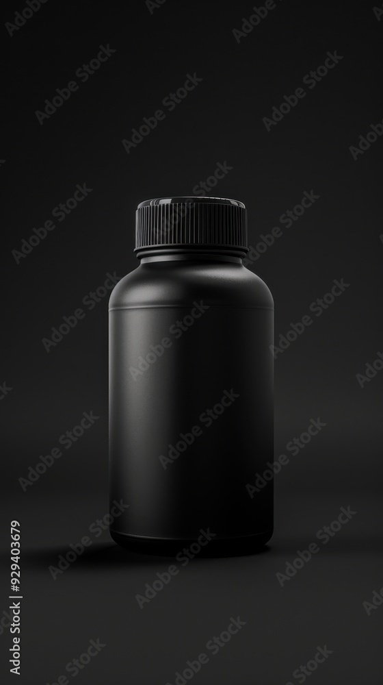 Sleek black plastic bottle with ribbed cap on a dark background, minimalist and modern design. Sleek black plastic bottle with ribbed cap on a dark background, minimalist and modern design.