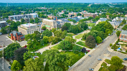 Aerial View of Bronson Park and Gothic Cathedral Downtown Kalamazoo