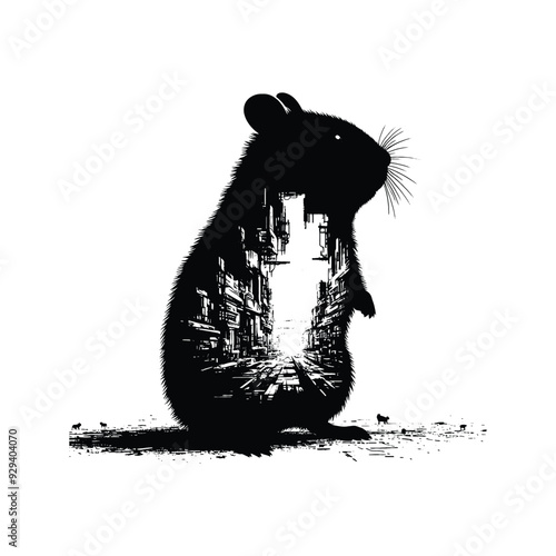 silhouette of Hamster, filled with destroyed futuristic dystopia environment in rough drawing,