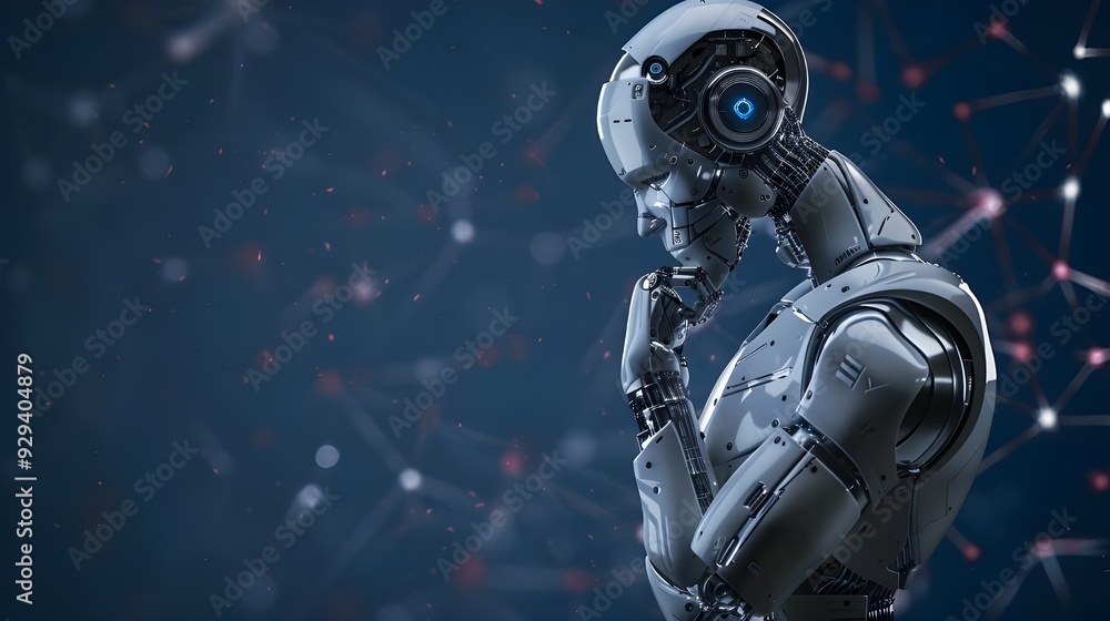A silver robot thinking with his chin resting in his hand. A silver robot thinking with his chin resting in his hand.