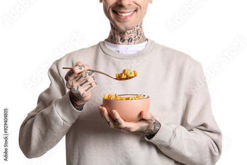 Man holding bowl with cerea...