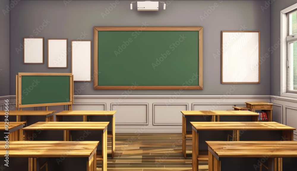 Retro classroom design with wooden desks, green blackboard, grey wall, white posters, 3D illustrated Retro classroom design with wooden desks, green blackboard, grey wall, white posters, 3D illustrated