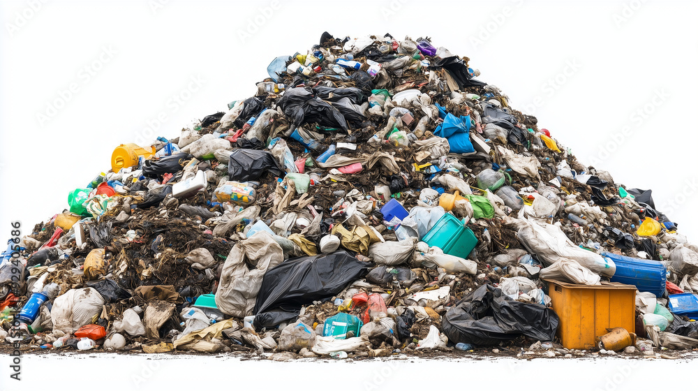 Large pile of mixed garbage and waste, including plastic bags, bottles, and household items, on a stark white background. Large pile of mixed garbage and waste, including plastic bags, bottles, and household items, on a stark white background.
