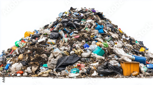 Large pile of mixed garbage and waste, including plastic bags, bottles, and household items, on a stark white background.