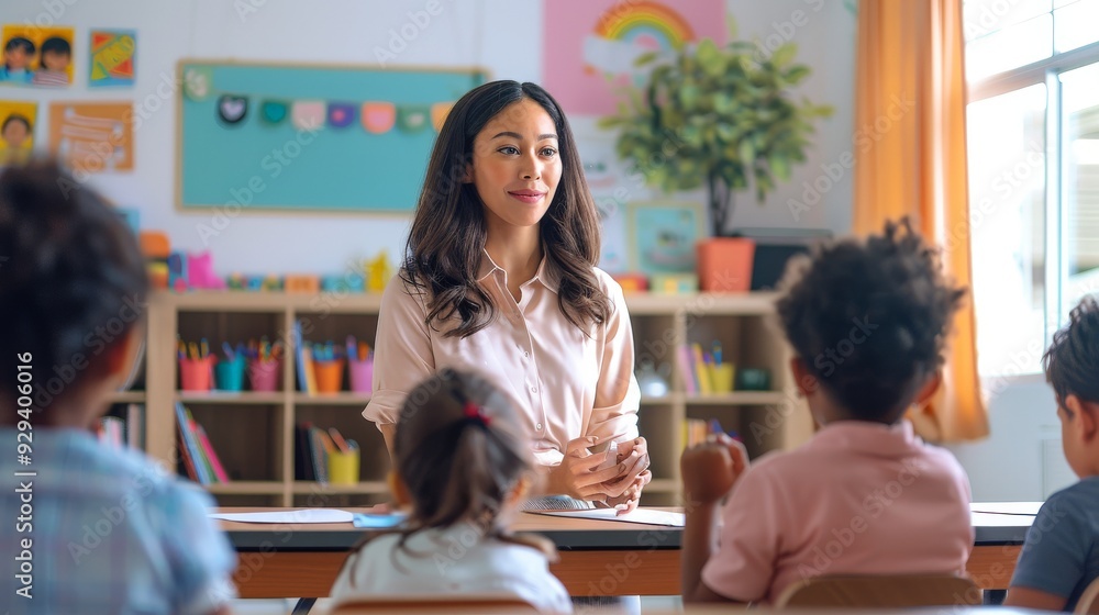 Smiling female teacher happily engaging with a student, with other pupils and a chalkboard in the background Smiling female teacher happily engaging with a student, with other pupils and a chalkboard in the background