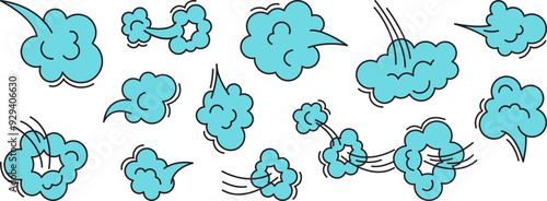 Cartoon fart cloud icon, smoke poof doodle, blue comic breath, air, steam puff, dust or flatulence, smell pop, cute gas bubble set isolated on white background. Aroma vector illustration