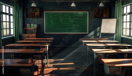 School classroom in 3D with green chalkboard, wooden desks, dark background, whiteboard, and sunlight