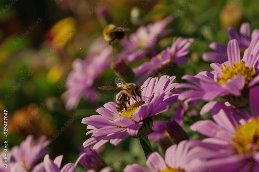 Close-up photo of a bee collecting nectar from a flower Close-up photo of a bee collecting nectar from a flower