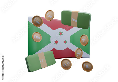 3D render illustration of Burundi flag and currency called Franc photo