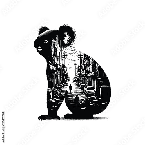 silhouette of Koala, filled with ghetto street in rough drawing,