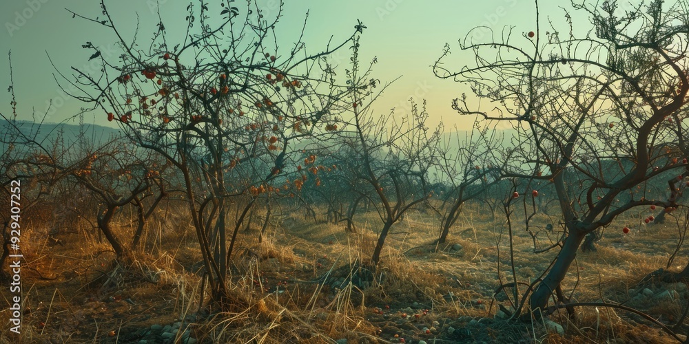 Decaying garden wilted trees Deserted orchard of fruit trees Arid conditions failed harvest Impact of global warming climate change and environmental challenges on agricultural sector Decaying garden wilted trees Deserted orchard of fruit trees Arid conditions failed harvest Impact of global warming climate change and environmental challenges on agricultural sector
