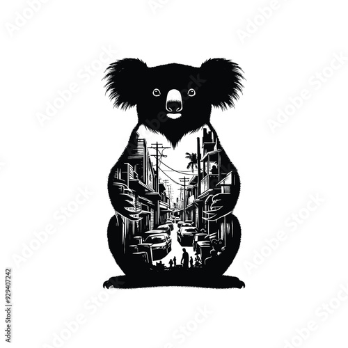 silhouette of Koala, filled with ghetto street in rough drawing,