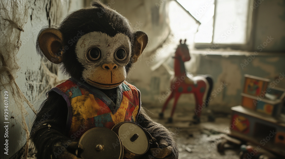 Rusty Wind-Up Monkey with Cymbals Clapping in an Abandoned Nursery ...