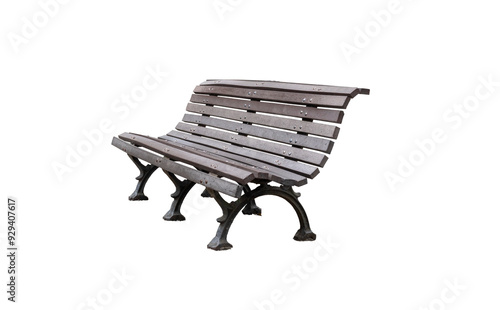 Classic resting bench in public park isolated. Wooden bench with metal legs. Isolated on transparent background