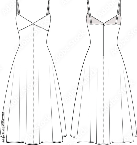 sleeveless strapped strappy spaghetti shoulder straps v neck flared a line long maxi midi dress template technical drawing flat sketch cad mockup fashion woman design style model
