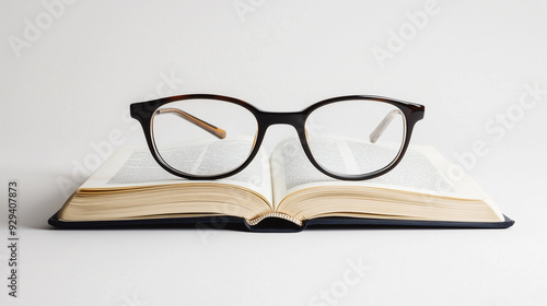 Black eyeglasses resting on an open book on a white background, symbolizing reading and knowledge.