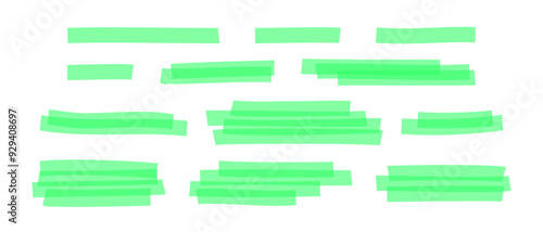 Set of green highlight marker lines. Different transparent handdrawn pen or brush underlines for important text or emphasis selection isolated on white background. Vector realistic illustration.