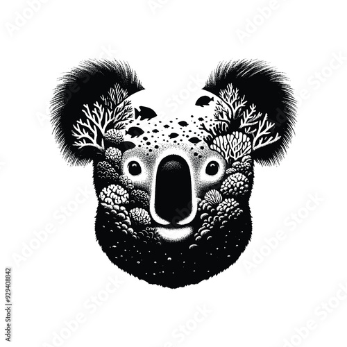 silhouette of Koala, filled with underwater view with coral in rough drawing,