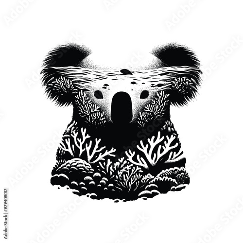 silhouette of Koala, filled with underwater view with coral in rough drawing,