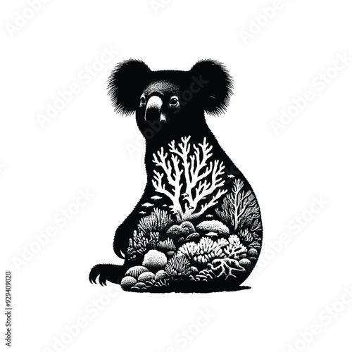 silhouette of Koala, filled with underwater view with coral in rough drawing,