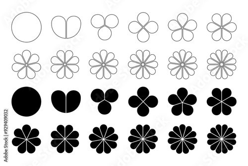 Set of flower diagrams with petals. Pie chart divided on equal segments in leaf shapes isolated on white background. Floral layouts for data presentation. Vector graphic illustration.