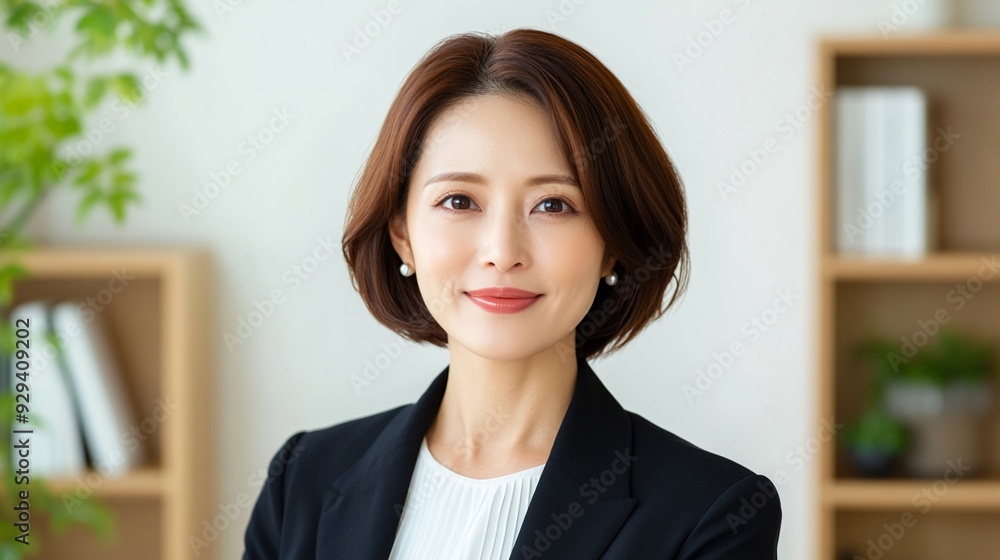 Middle-aged woman entrepreneur with warm smile, consulting clients in cozy, elegant office, Asian, professional attire, bookshelves and plants in the background Middle-aged woman entrepreneur with warm smile, consulting clients in cozy, elegant office, Asian, professional attire, bookshelves and plants in the background
