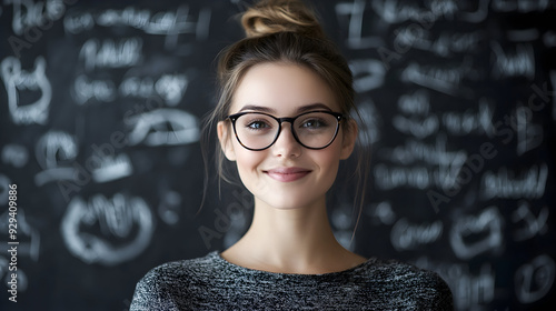 A cheerful woman with glasses poses in front of a chalkboard with chalk writing, exuding charm and enthusiasm. illustration