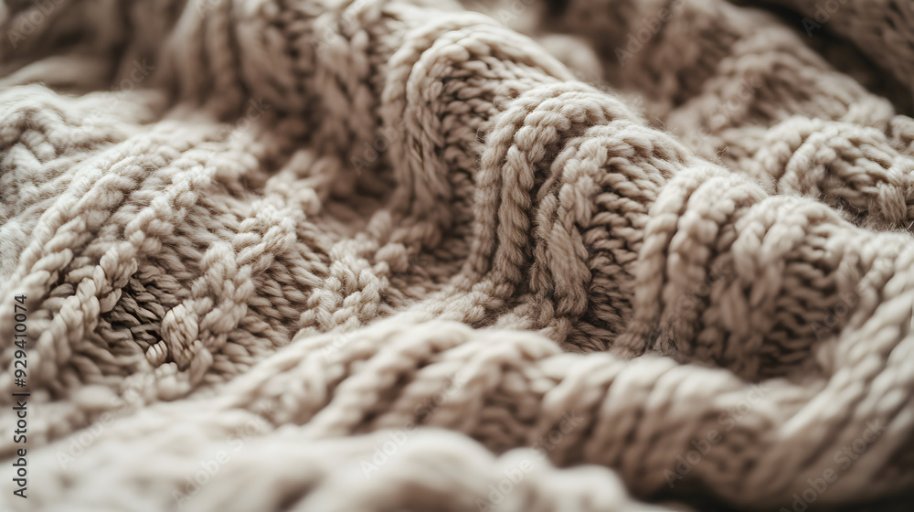A detailed close-up highlights a cozy beige knitted blanket, featuring intricate designs and plush yarn that exude comfort. A detailed close-up highlights a cozy beige knitted blanket, featuring intricate designs and plush yarn that exude comfort.