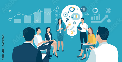 The Idea. The team discusses innovation. Business vector illustration.