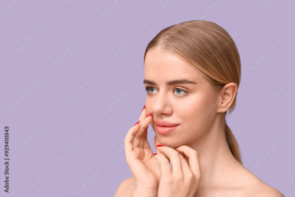 Young woman with beautiful lips on lilac background Young woman with beautiful lips on lilac background
