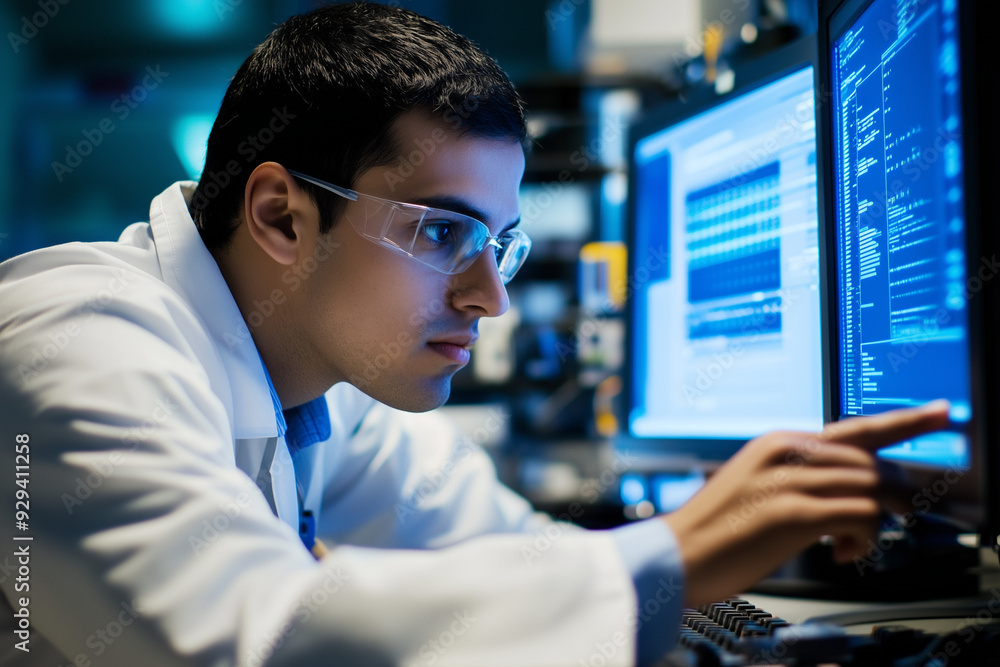 Young male scientist in a lab coat working on a computer, focused on a screen filled with data, in a modern laboratory setting. Young male scientist in a lab coat working on a computer, focused on a screen filled with data, in a modern laboratory setting.