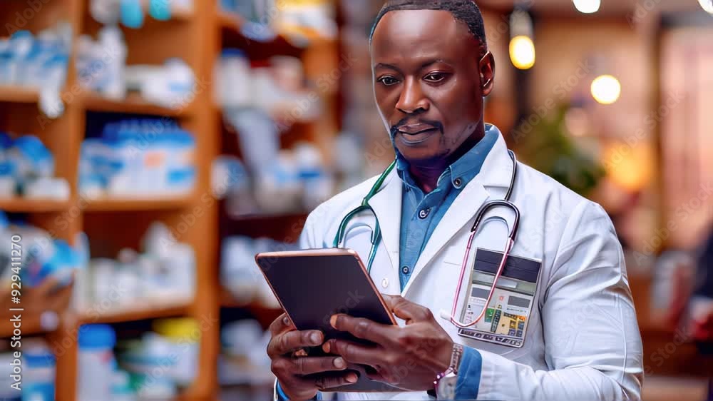 A doctor uses a tablet to access patient information in a bright, modern setting A doctor uses a tablet to access patient information in a bright, modern setting