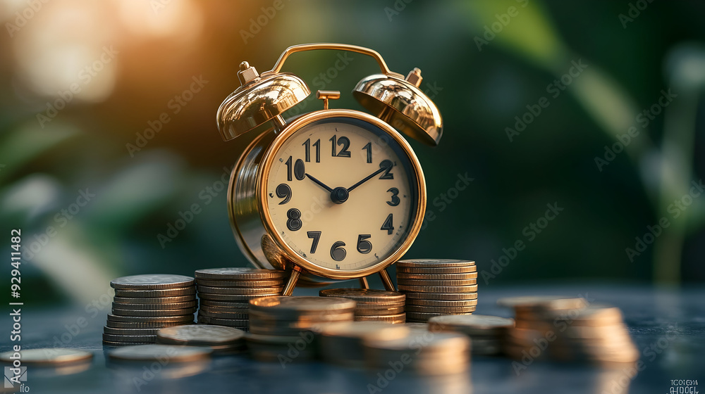 A golden alarm clock balanced against a stack of coins representing the concept of time and money management. A golden alarm clock balanced against a stack of coins representing the concept of time and money management.