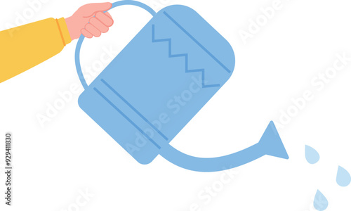 Watering can in human hand. Plants growing. Nature care