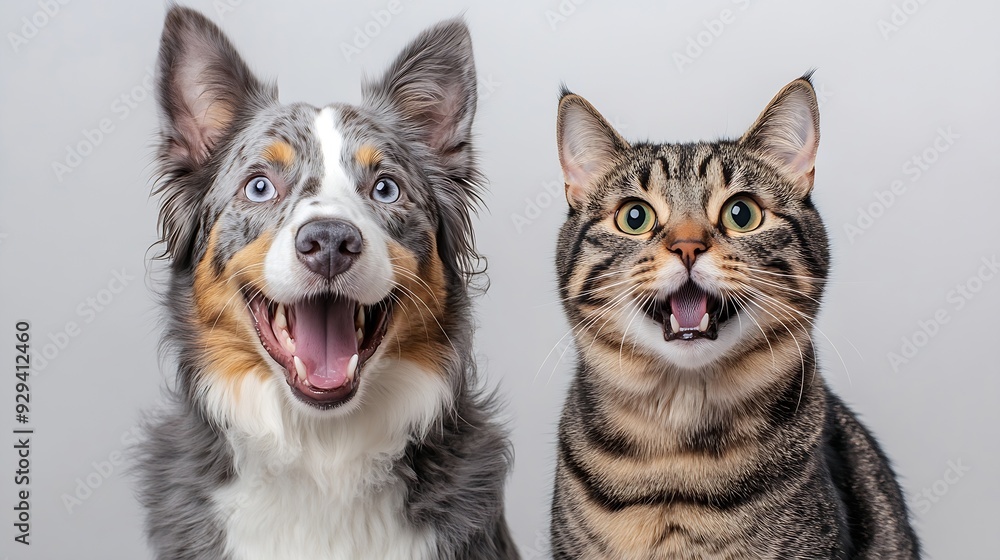 Obraz premium Portrait of a pretty blue merle australian shepherd dog and a tabby british shorthair cat looking straigth at the camera with open mouth on a white background with space for copy : Generative AI