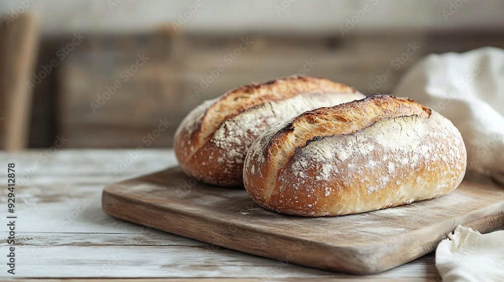 Freshly baked bread on cutting board against white wooden background perspective view bread with copy space : Generative AI Freshly baked bread on cutting board against white wooden background perspective view bread with copy space : Generative AI