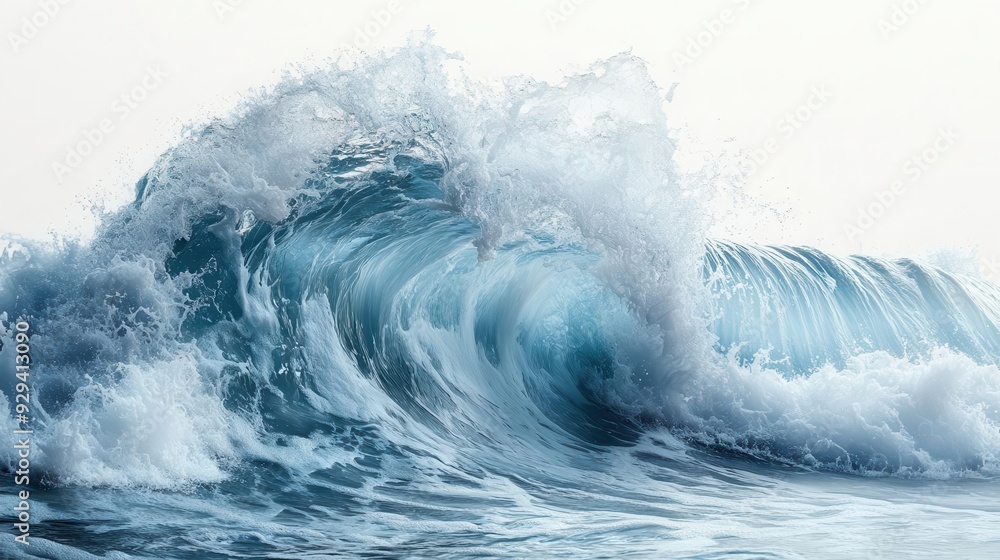 Obraz premium crystalline ocean wave caught midcurl transparent aqua waters and white foam isolated on white showcasing the raw power and beauty of the sea