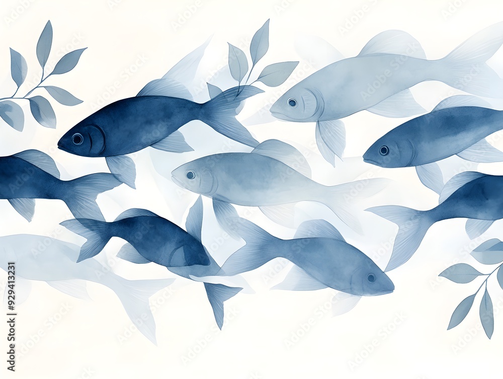 Fototapeta premium Underwater scene with fish forming a living mural, synchronized motions depicted in soft watercolor tones, ethereal and serene