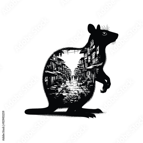 silhouette of Numbat filled with ghetto street in rough drawing,
