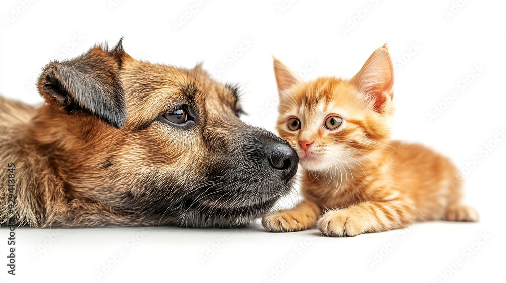 Obraz premium Portrait of funny dog breed Jagdterrier and cheerful kitten Scottish Straight licks together isolated on white background : Generative AI