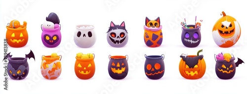 Halloween candy buckets with funny monster faces with pumpkin, ghost, skull, bat, witch, clown, vampire, and zombie designs. photo