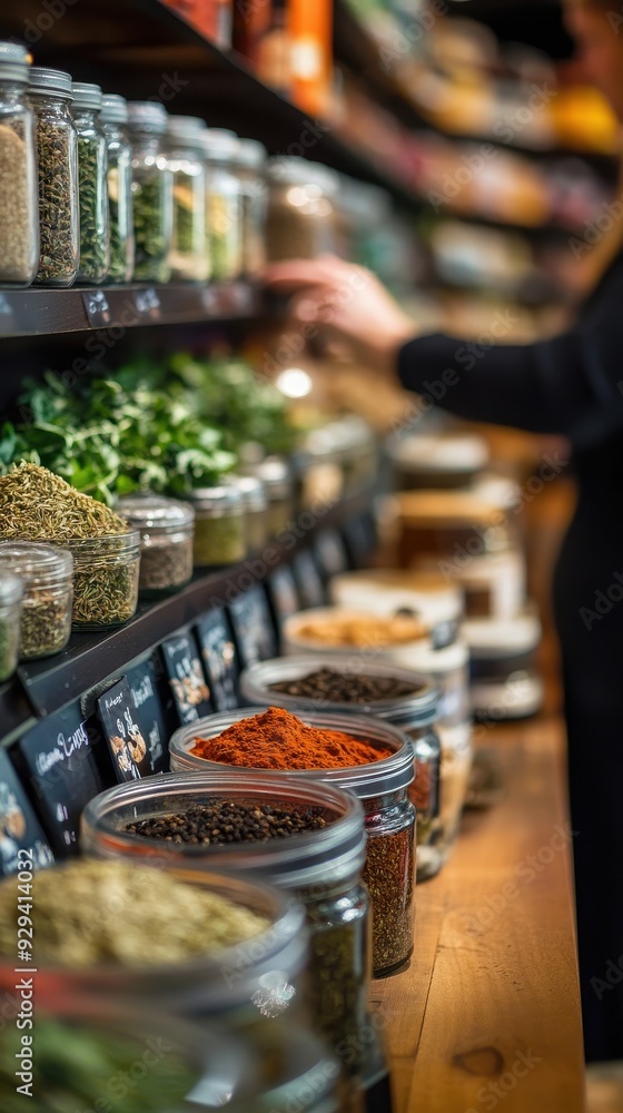 Fototapeta premium A worker organizes fresh herbs and spices carefully on shelves in a market
