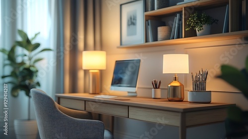 Wallpaper Mural Small and stylish study area with wooden desk nice chair decorations modern lamps and shelf : Generative AI Torontodigital.ca